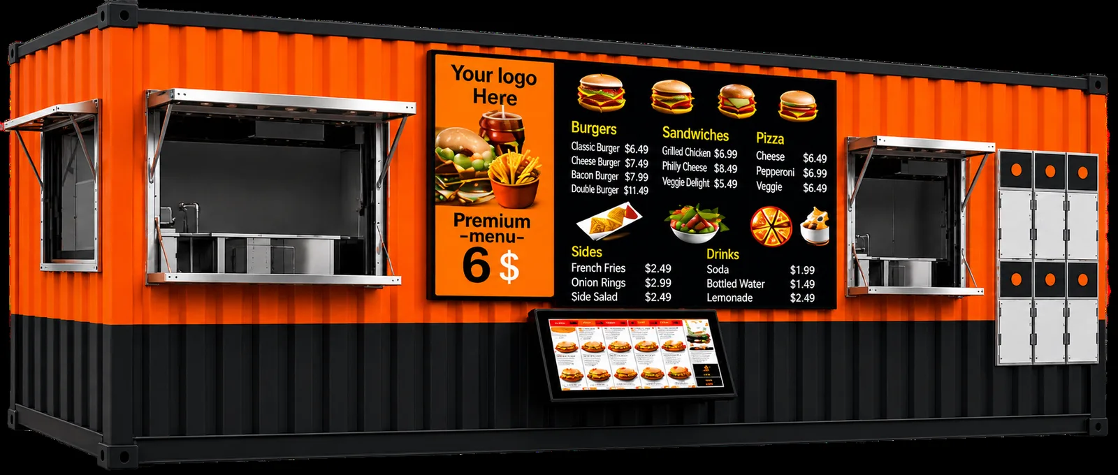 PadSite modular kitchen unit — orange container with digital menu boards